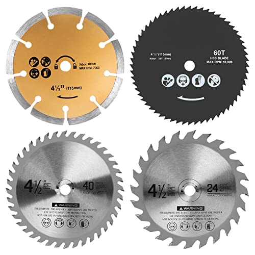 JIAYOUBAO 4 Pack 4-1/2 Inch Compact Circular Saw Blades Set with 3/8" Arbor TCT/HSS/Diamond Saw Blade for Angle Grinder Wood Plastic Sheet Metal Tile Fast Cutting