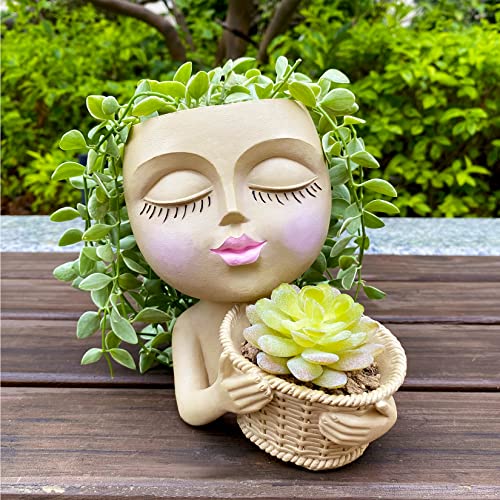 CLEECOO Face Planter Pots Head Planter Pots Double Flower Pots in One for Indoor and Outdoor with Drainage Hole(Large Size) (Khaki)