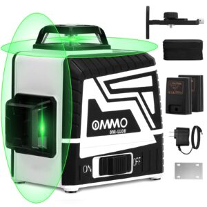 ommo laser level, 8 lines green laser level self leveling tool, 2 x 360° green cross lines laser beams, 150 ft laser level with one horizontal and one vertical line for construction picture hanging
