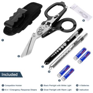 Dekeliy 6 In1 Multifunction Emergency Response Shears, Stainless Steel Foldable Trauma Shears with Strap Cutter and Glass Breaker,Medical Scissors with Holster and Penlight