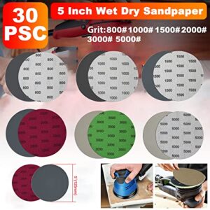 DAKLM 5 Inch Wet Dry Sandpaper, 30 PCS Assorted Grit Sanding Disc (800/1000/1500/2000/3000/5000) Premium Silicon Carbide Hook and Loop Sandpaper for Wood Metal Polishing and Sanding