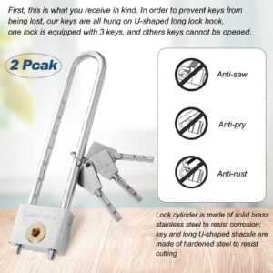 Photect 2 Pack Long Shackle Padlock with Key 2 Inch Solid Brass Removable Adjustable Length Silver Shackle for Gates, Cabinets, Safe Boxes, Bike Lock