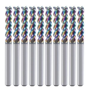 1/8" carbide square end mill for aluminum copper applications, 3-flute,1/8" cutting diameter,1/8" shank,dlc coating, cnc router bits, end mill bits, u-type design, 10-pack (3.175 * 3.175 * 15mm)