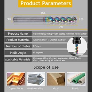 1/8" Carbide Square End Mill for Aluminum Copper Applications, 3-Flute,1/8" Cutting Diameter,1/8" Shank,DLC Coating, CNC Router Bits, End Mill Bits, U-Type Design, 10-Pack (3.175 * 3.175 * 15mm)