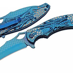 SZCO Supplies 300580-BL Titanium Finished Blue Dragon Edc Folding Knife with Pocket Clip, 8.5" Length