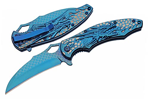 SZCO Supplies 300580-BL Titanium Finished Blue Dragon Edc Folding Knife with Pocket Clip, 8.5" Length