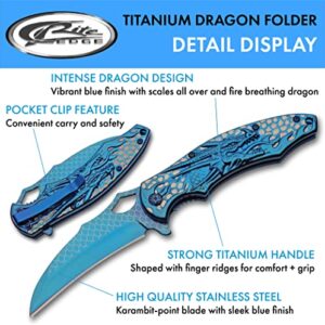 SZCO Supplies 300580-BL Titanium Finished Blue Dragon Edc Folding Knife with Pocket Clip, 8.5" Length