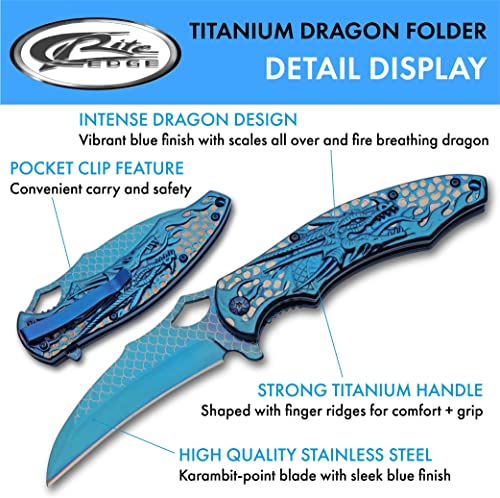 SZCO Supplies 300580-BL Titanium Finished Blue Dragon Edc Folding Knife with Pocket Clip, 8.5" Length