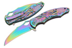 szco 8.5” titanium finished rainbow dragon edc folding knife with pocket clip (300580-rb)