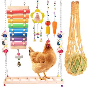 kakunm chicken toys for coop accessories 6pcs | chicken swing | chicken xylophone | chicken mirror toy | chicken vegetable string bag and hanging feeder