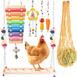 KAKUNM Chicken Toys for Coop Accessories 6PCS | Chicken Swing | Chicken Xylophone | Chicken Mirror Toy | Chicken Vegetable String Bag and Hanging Feeder