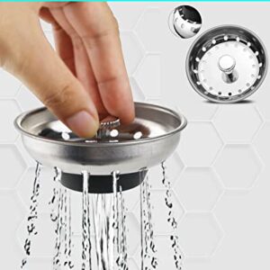 Kitchen Sink Strainer Stopper Combo Basket Replacement for Standard 3-1/2 inch Drain, Chrome Plated Stainless Steel Body with Rubber Stopper, Bonus 3pcs Kitchen Cleaning Brushes (Stainless Steel)