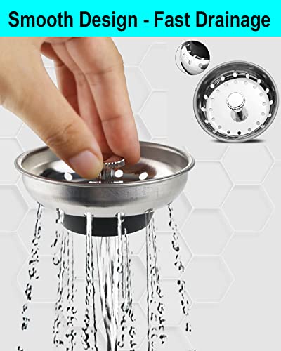 Kitchen Sink Strainer Stopper Combo Basket Replacement for Standard 3-1/2 inch Drain, Chrome Plated Stainless Steel Body with Rubber Stopper, Bonus 3pcs Kitchen Cleaning Brushes (Stainless Steel)