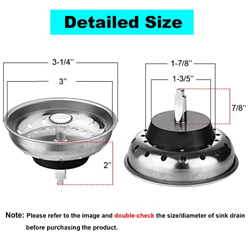 Kitchen Sink Strainer Stopper Combo Basket Replacement for Standard 3-1/2 inch Drain, Chrome Plated Stainless Steel Body with Rubber Stopper, Bonus 3pcs Kitchen Cleaning Brushes (Stainless Steel)