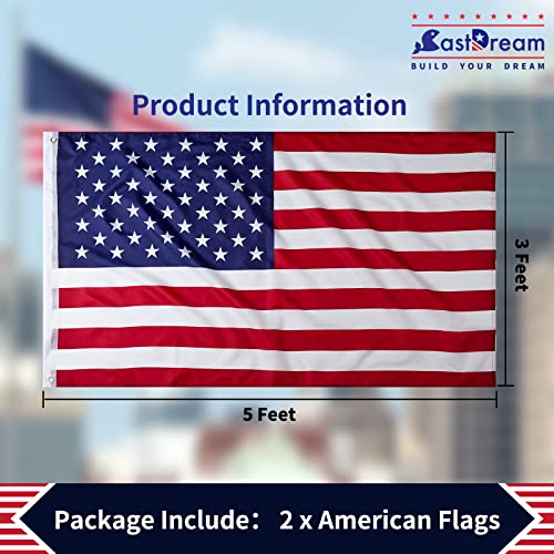 CASTDREAM American US Flag 3x5, 2 Pack Vibrant Color & Fade Resistant US Flags for Outside 3x5 ft Flags Double Stitched Long Lasting Polyester with Durable Brass Grommets USA Flag