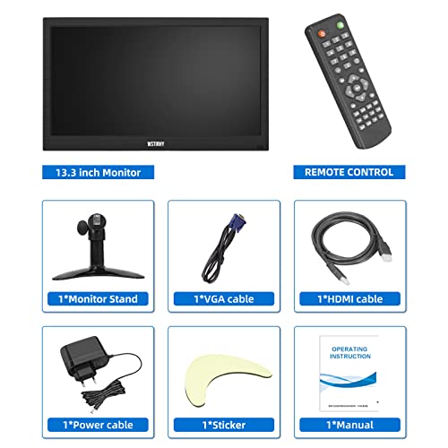 Wstirhy 13.3 inch Small BNC Monitor, 1366x768 Resolution, Small Monitor with Remote Control, HDMI VGA AV BNC USB, Mini Monitorfor Fire Stick, Computer, Raspberry Pi, Kitchen Monitor, Built-in Speaker