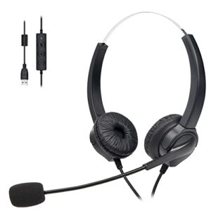 usb headset with noise cancelling microphone for pc, hd sound in-line controls headset for computer, pc, skype, zoom, webinar, call center, home, office