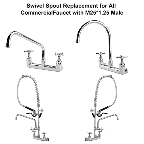 Launceter 12 Inch Swivel Spout for Commercial Faucet, Chrome Polished 360° Swing Spout, 2.2 GPM Stainless Steel Add-on Spout for All Brand Commercial Kitchen Sink Faucets (M25*1.25mm)