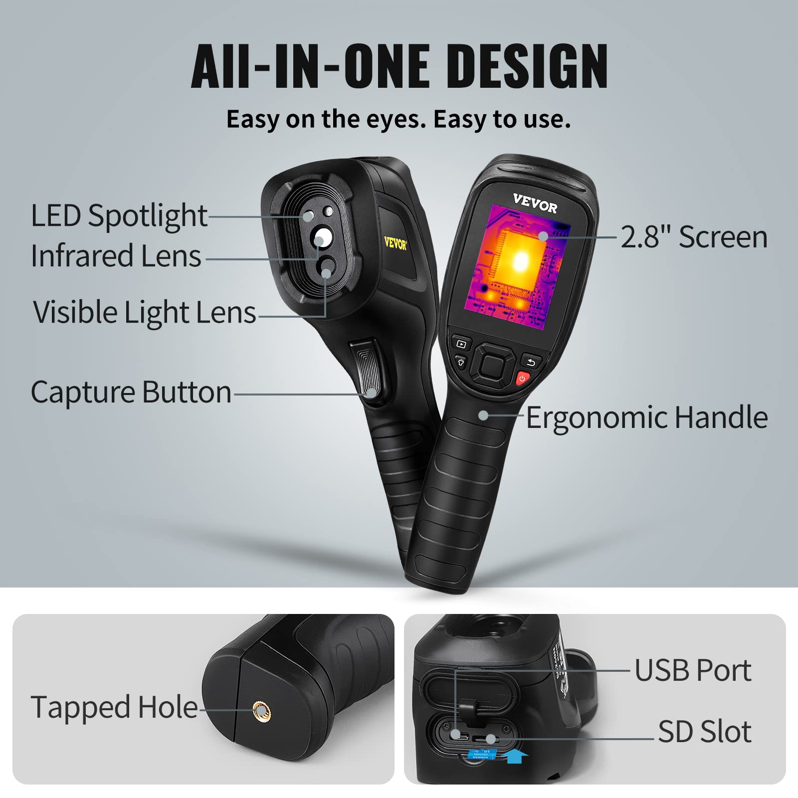 VEVOR Thermal Imaging Camera, 240x180 IR Resolution (43200 Pixels), 20Hz Refresh Rate Infrared Camera with -4℉~662℉ Temperature Range, 16G Built-in SD Card, and Rechargeable Li-ion Battery