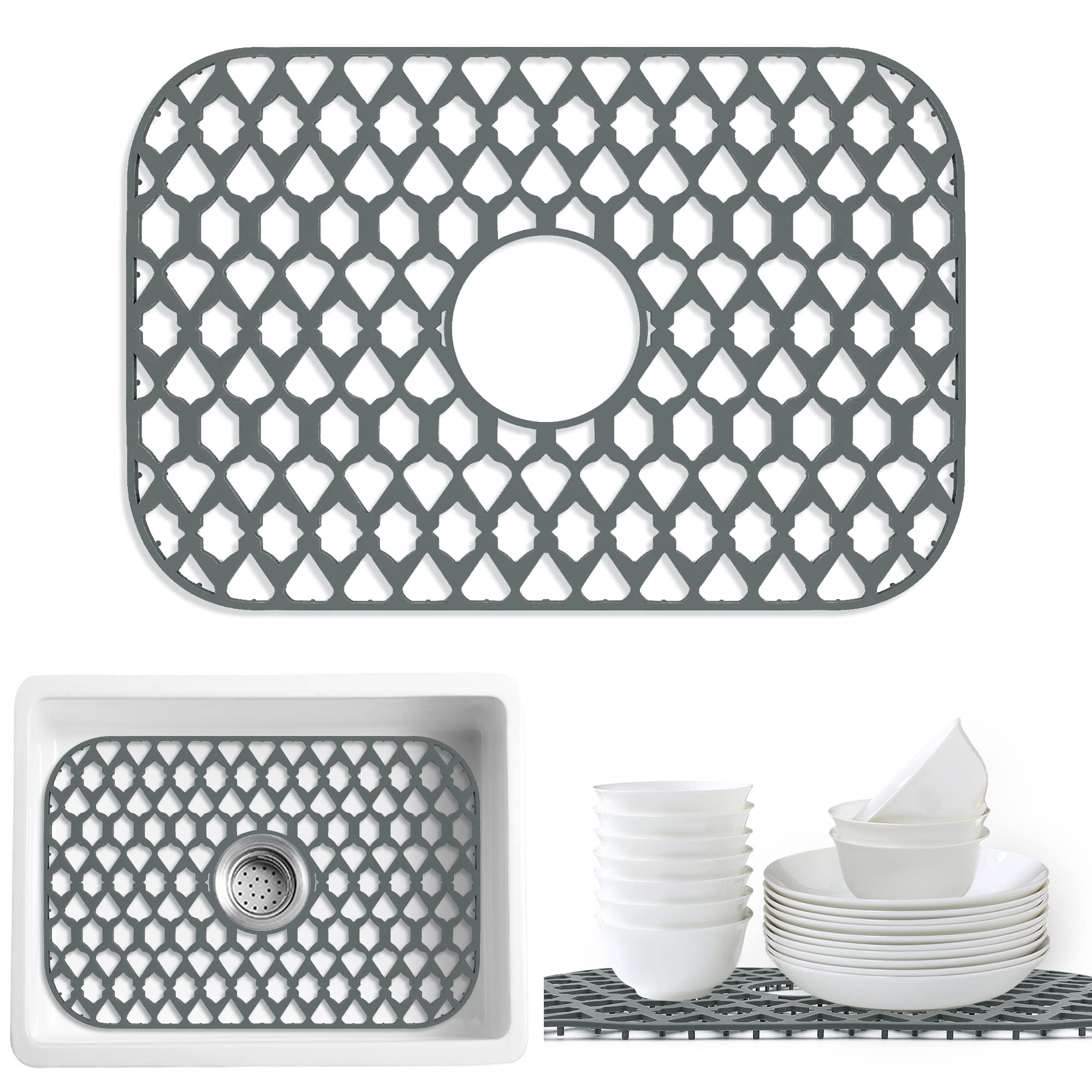 SAMSIER Sink Protectors for Kitchen Sink 13x11&16x12&19x14&22x13&24x13&26x14&28x14&30x16, Large Silicone Sink Mats Grid for Bottom of Farmhouse Stainless Steel Porcelain Sink (19”x13”, Center Drain)