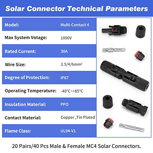 OUTLEE 20 Pairs Solar Panel Connector with 2 Pack Wrench, IP67 1000V 30A Waterproof Solar Panel Cable Connectors Male/Female Multi-Contact Solar Connectors