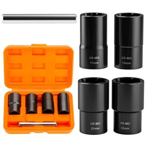 dynofit 5-piece twist socket set 1/2" drive impact extractor tool for removing rust deformation peeling and breaking lug nut/wheel bolt metric 17mm 19mm 21mm 22mm with drift punch nut removal bar
