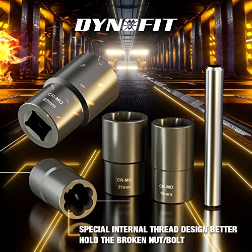 Dynofit 5-Piece Twist Socket Set 1/2" Drive Impact Extractor Tool for Removing Rust Deformation Peeling and Breaking Lug Nut/Wheel Bolt Metric 17mm 19mm 21mm 22mm with Drift Punch Nut Removal Bar