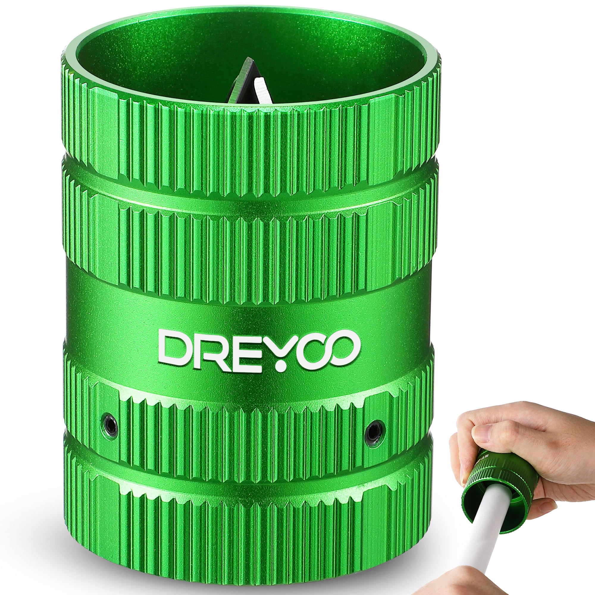 Dreyoo Pipe Reamer PVC Deburring Tool, [Plumbers Efficient Helper] Copper Deburring Tool Pipe Cleaner All Metal Pipe Chamfer Tool 1/4'' to 1-5/8'' Inner Outer for Wide Diameter Pipe (Green)