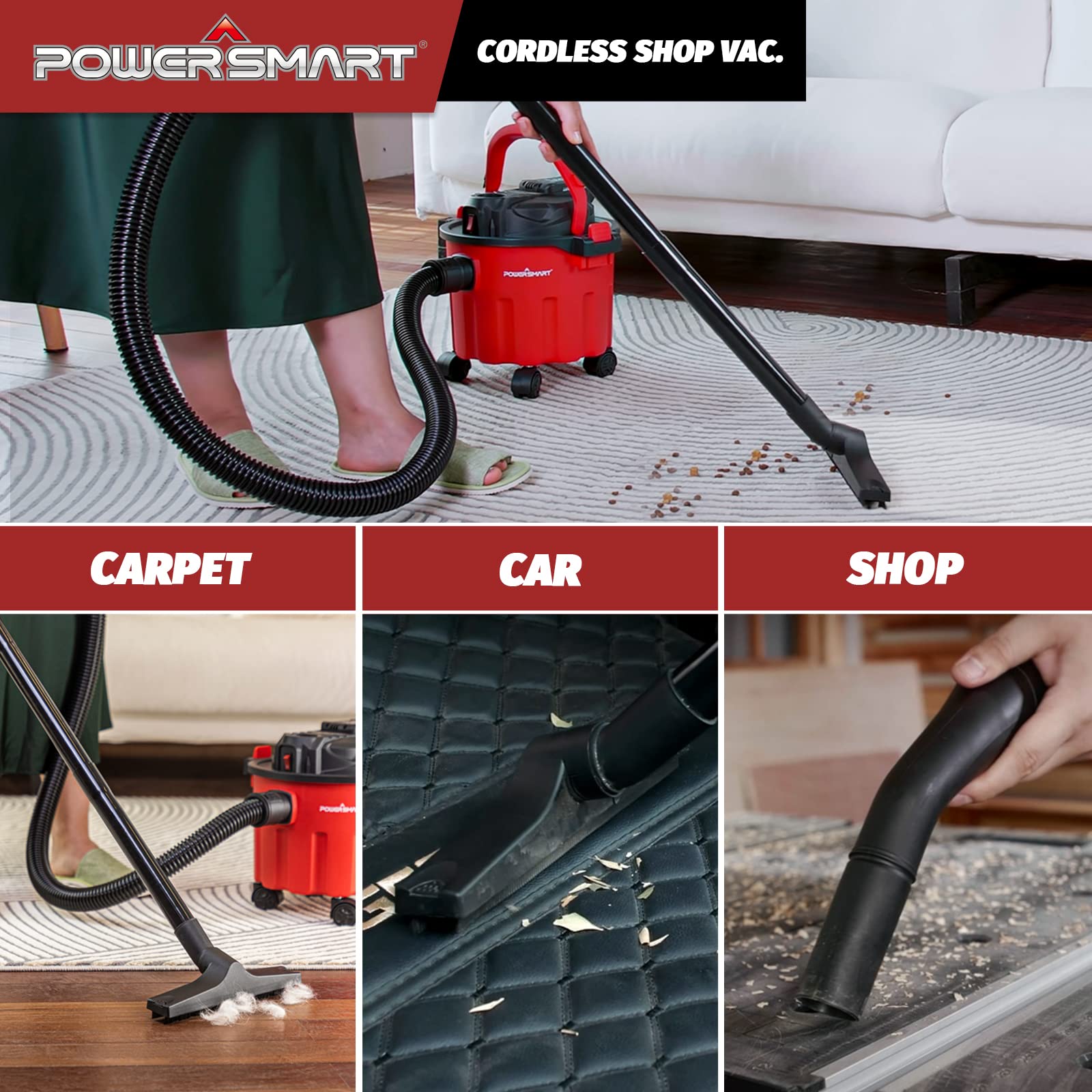 PowerSmart Cordless Shop Vac Wet and Dry, 20V 4.0Ah Battery and Charger, 2.6 Gallon Wet Dry Shop Vacuum Cleaner with Blower Function