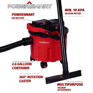 PowerSmart Cordless Shop Vac Wet and Dry, 20V 4.0Ah Battery and Charger, 2.6 Gallon Wet Dry Shop Vacuum Cleaner with Blower Function