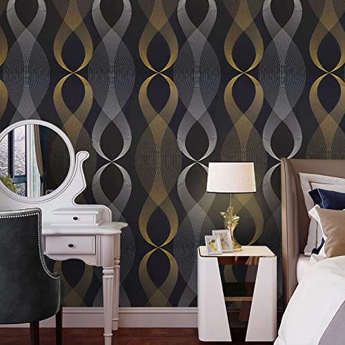 393"x17.7"Peel and Stick Wallpaper Black Fashion Curves Removable Paper Self Adhesive Wallpaper Decorative for Walls Cabinets Vinyl Film