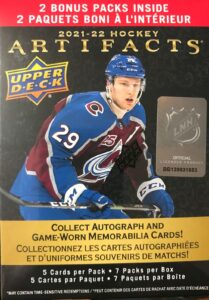 2021 2022 upper deck artifacts hockey series blaster box of packs with possible blaster exclusive rose gold parallels, autographs and game worn memorabilia cards