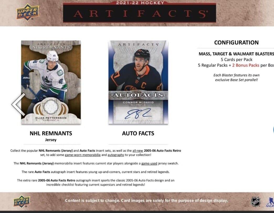 2021 2022 Upper Deck ARTIFACTS Hockey Series Blaster Box of Packs with Possible Blaster EXCLUSIVE Rose Gold Parallels, Autographs and Game Worn Memorabilia Cards