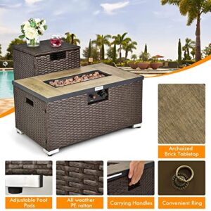 Propane Fire Pit Table-32 Inch x 20 Inch Propane Rattan Fire Pit Table Set with Side Table Tank and Cover