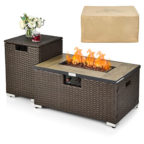 Propane Fire Pit Table-32 Inch x 20 Inch Propane Rattan Fire Pit Table Set with Side Table Tank and Cover