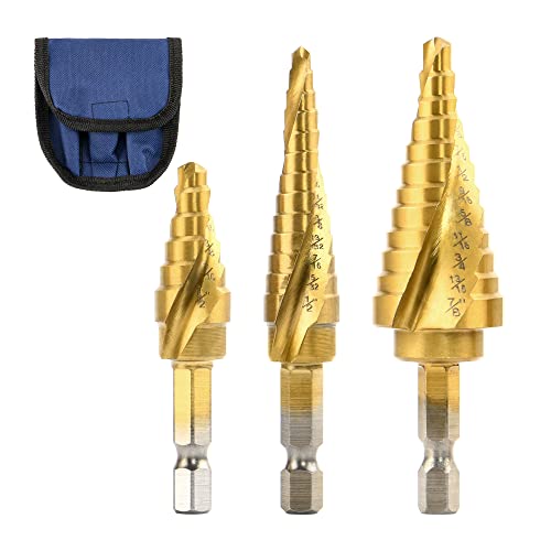 SILATU Step Drill Bit Set - 3 Pieces Titanium HSS Coated Step Drill Bit, 31 Sizes 1/4 Inch Hexagon Shank Step Drill Bit for Wood, Metal, Plastic, Multiple Hole (1/8”-1/2”, 3/16”-7/8”, 3/16”-1/2”)