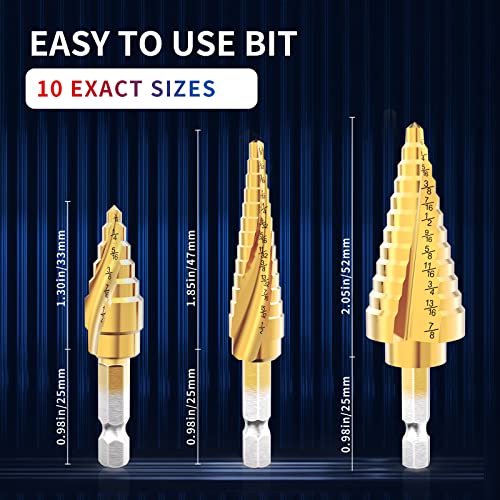 SILATU Step Drill Bit Set - 3 Pieces Titanium HSS Coated Step Drill Bit, 31 Sizes 1/4 Inch Hexagon Shank Step Drill Bit for Wood, Metal, Plastic, Multiple Hole (1/8”-1/2”, 3/16”-7/8”, 3/16”-1/2”)