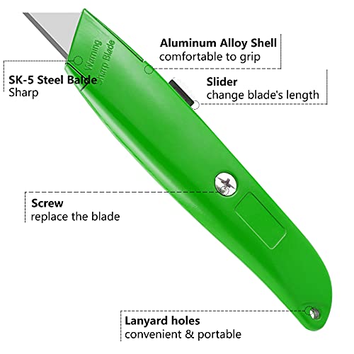 DIYSELF 2 Pack Box Cutter Retractable with 10 Pack Utility Knife Blades, Sharp SK5 Steel Utility Blades, Box Cutters for Cardboard, Paper, Carton(Green)