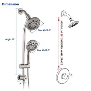 UCLIMAA Rainfall Shower Head with Handheld Shower Spray, with 26" Drill Free Adjustable Height Slider Bar, High Pressure Dual Shower Head Combo, 3-Way Diverter for Easy Reach, 5Ft Hose-Brushed Nickel