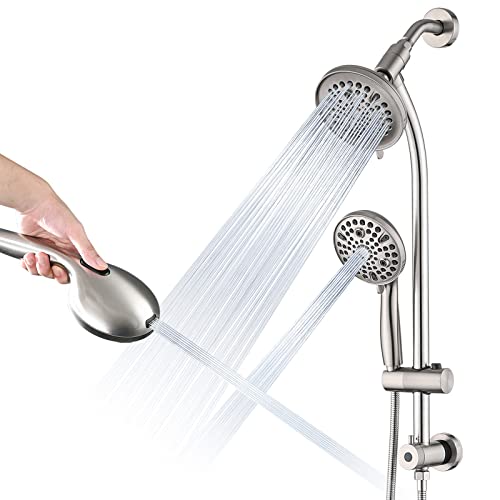 UCLIMAA Rainfall Shower Head with Handheld Shower Spray, with 26" Drill Free Adjustable Height Slider Bar, High Pressure Dual Shower Head Combo, 3-Way Diverter for Easy Reach, 5Ft Hose-Brushed Nickel