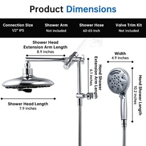 G-promise 8" Rain Shower Head with Handheld, 6+9 Setting Luxury 3-Way Combo with 11" Adjustable Extension Arm and Extra Long Stainless Steel Hose