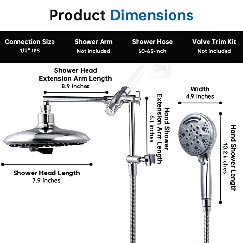 G-promise 8" Rain Shower Head with Handheld, 6+9 Setting Luxury 3-Way Combo with 11" Adjustable Extension Arm and Extra Long Stainless Steel Hose