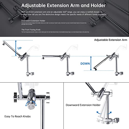 G-promise 8" Rain Shower Head with Handheld, 6+9 Setting Luxury 3-Way Combo with 11" Adjustable Extension Arm and Extra Long Stainless Steel Hose