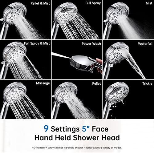 G-promise 8" Rain Shower Head with Handheld, 6+9 Setting Luxury 3-Way Combo with 11" Adjustable Extension Arm and Extra Long Stainless Steel Hose