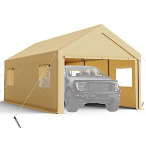 cityflee carport, 10'x 20' heavy duty carport canopy with roll-up ventilated windows, portable garage with removable sidewalls & doors for car truck boat, waterproof car shelter, khaki