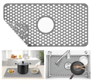 silicone sink protectors for kitchen with center drain, grey grid accessory non-slip heat resistant folding mats grates for bottom, for farmhouse stainless steel porcelain sink (24.8"x 12.9")