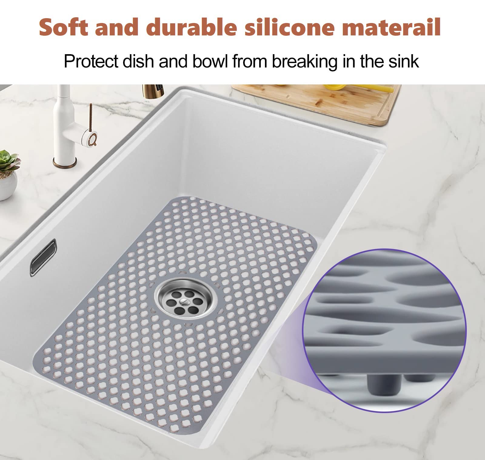 Silicone sink protectors for Kitchen with Center Drain, Grey Grid Accessory Non-slip Heat Resistant Folding mats Grates for Bottom, for Farmhouse Stainless Steel Porcelain Sink (24.8"x 12.9")