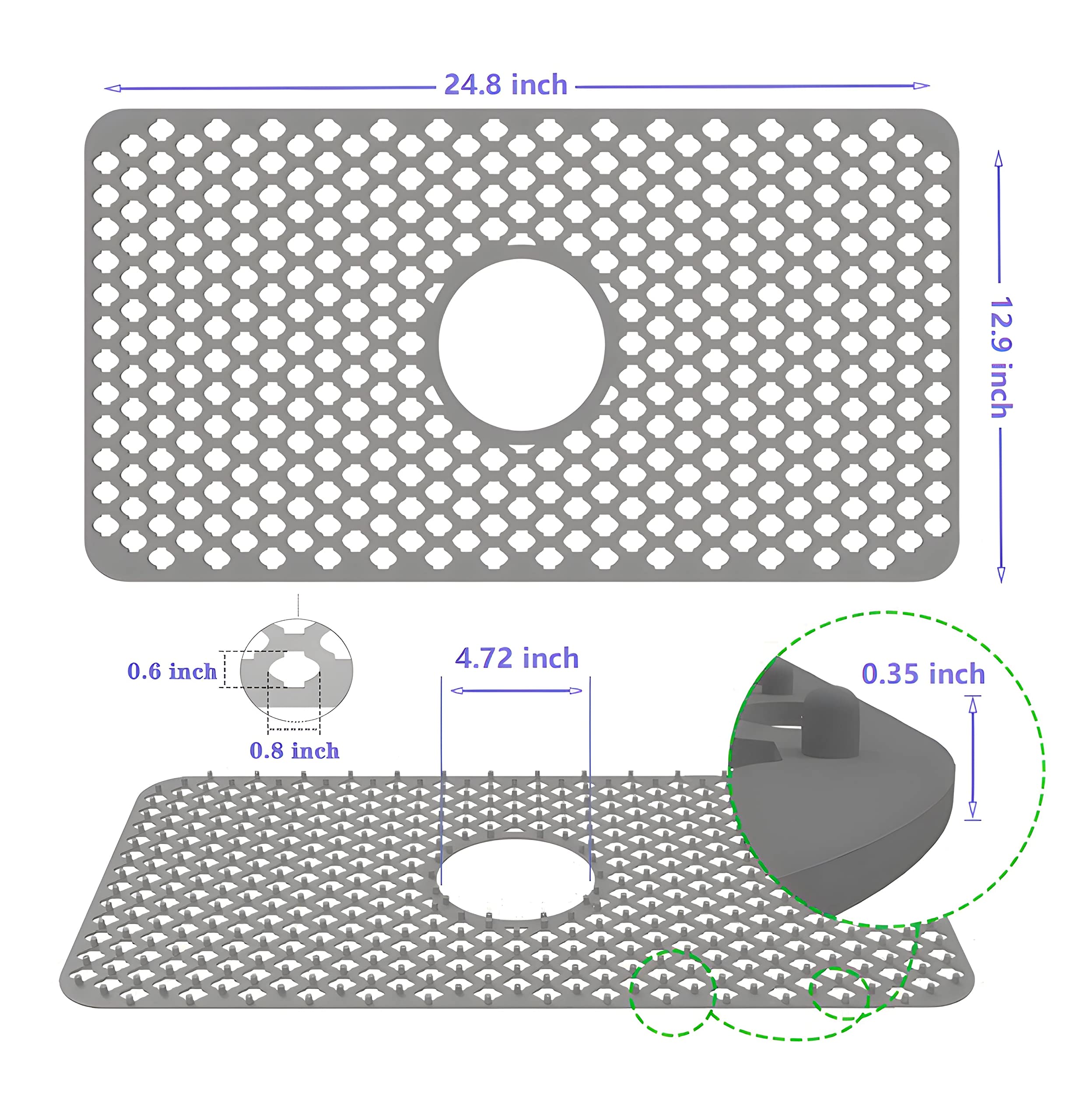 Silicone sink protectors for Kitchen with Center Drain, Grey Grid Accessory Non-slip Heat Resistant Folding mats Grates for Bottom, for Farmhouse Stainless Steel Porcelain Sink (24.8"x 12.9")