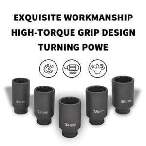 TBAPFS 5Pcs 1/2" Drive Deep Impact Socket Set 12 Point Metric 30mm 32mm 34mm 35mm 36mm Drive Spindle Axle Hub Nut Socket Set,Heavy Duty w/Portable Storage Case,Use In Removing And Installing Axle Nuts