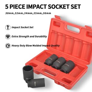 TBAPFS 5Pcs 1/2" Drive Deep Impact Socket Set 12 Point Metric 30mm 32mm 34mm 35mm 36mm Drive Spindle Axle Hub Nut Socket Set,Heavy Duty w/Portable Storage Case,Use In Removing And Installing Axle Nuts